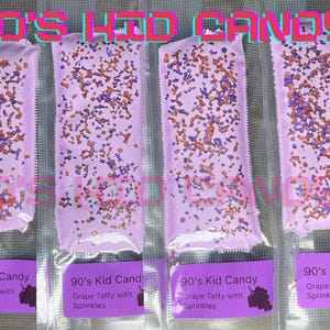 May include: Four individually packaged bags of grape taffy with sprinkles. Each bag has a label that reads "90's Kid Candy Grape Taffy with Sprinkles".