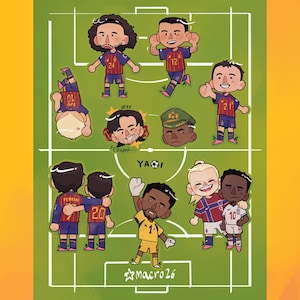 以下が含まれることがあります： 緑色のサッカーフィールドを背景にしたデジタルイラストで、様々なユニフォームを着た複数のちびキャラ風サッカー選手が描かれています。アートワークには「UFFF FERRAN」、「YAOI」、星のマークに続く「macro26」というテキストが含まれています。