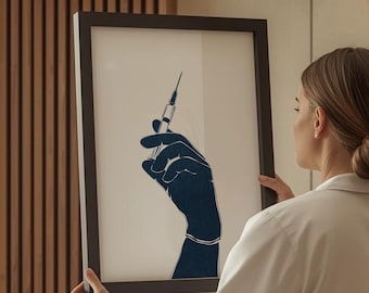 Minimalistisk väggkonst med spruta, medicinsk estetisk linjeteckning, inredning för läkare och sjuksköterska, modern svartvit utskrivbar, hälso- och sjukvårdsaffisch