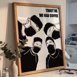 面白い手術チームのウォールアート、医療ユーモアの印刷物、医師のオフィス装飾、病院スタッフのイラスト、外科医のモチベーションを高める名言ポスター