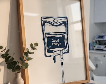 God energi, dropppåse, utskrivbar väggkonst, minimalistisk medicinsk illustration, affisch, sjuksköterska, läkare, dekor