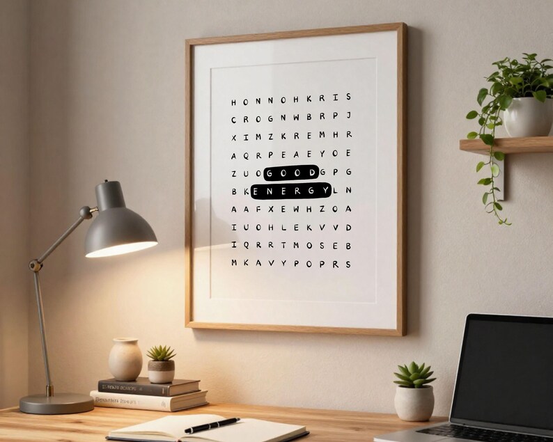 Póster tipográfico inspirador con sopa de letras de buena energía: Arte mural motivacional para la oficina (Descarga digital) imagen 11