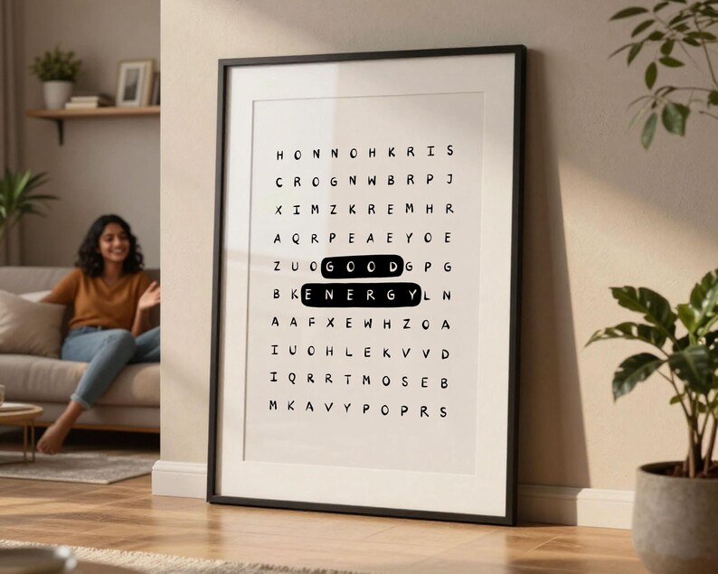 Póster tipográfico inspirador con sopa de letras de buena energía: Arte mural motivacional para la oficina (Descarga digital) imagen 12