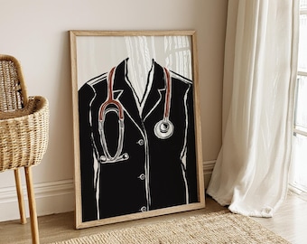Medical Uniform Wall Art, Doctor Nurse Office Decor, Stethoscope Illustration, Healthcare Worker Gift, Medical Student Poster, Clinic Print