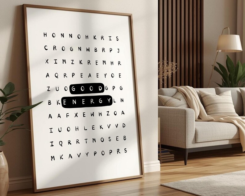 Póster tipográfico inspirador con sopa de letras de buena energía: Arte mural motivacional para la oficina (Descarga digital) imagen 8