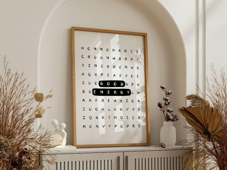 Póster tipográfico inspirador con sopa de letras de buena energía: Arte mural motivacional para la oficina (Descarga digital) imagen 16