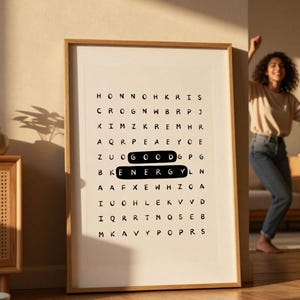 Póster tipográfico inspirador con sopa de letras de buena energía: Arte mural motivacional para la oficina (Descarga digital) imagen 14