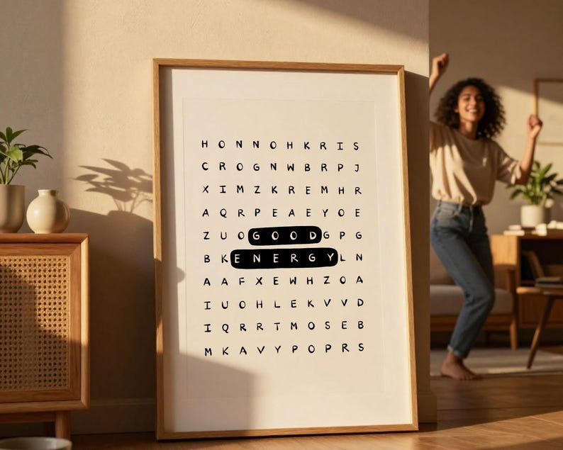 Póster tipográfico inspirador con sopa de letras de buena energía: Arte mural motivacional para la oficina (Descarga digital) imagen 14