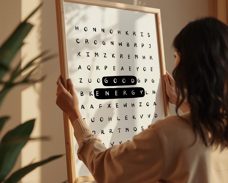 Póster tipográfico inspirador con sopa de letras de buena energía: Arte mural motivacional para la oficina (Descarga digital) imagen 6