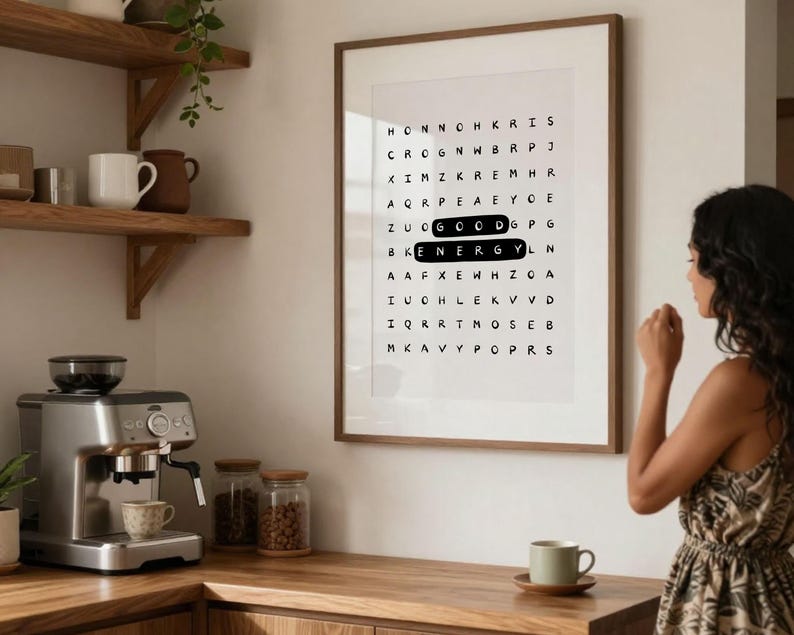 Póster tipográfico inspirador con sopa de letras de buena energía: Arte mural motivacional para la oficina (Descarga digital) imagen 1