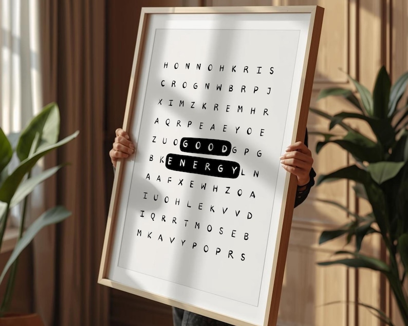 Póster tipográfico inspirador con sopa de letras de buena energía: Arte mural motivacional para la oficina (Descarga digital) imagen 2