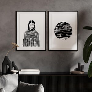 Arte de línea corporal de mujer y niña soñadora femenina, póster con símbolo de paz y serenidad de las olas del mar, decoración de pared de verano, descarga digital imprimible