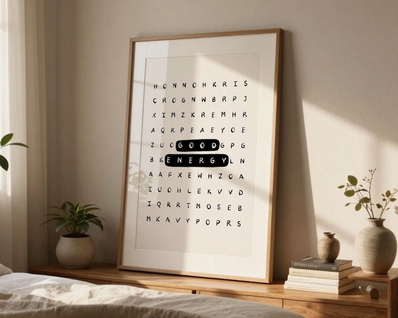 Póster tipográfico inspirador con sopa de letras de buena energía: Arte mural motivacional para la oficina (Descarga digital) imagen 7