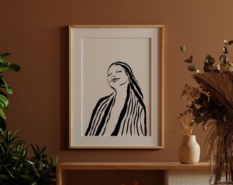 Stampa artistica astratta di una donna: galleria d'arte minimalista in bianco e nero (download digitale)