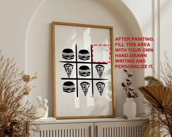Pizza vs Hamburgare Tre i rad linjekonsttryck (digital nedladdning)