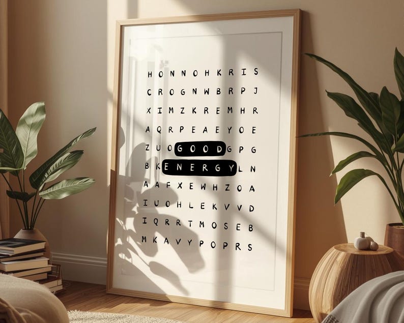 Póster tipográfico inspirador con sopa de letras de buena energía: Arte mural motivacional para la oficina (Descarga digital) imagen 13