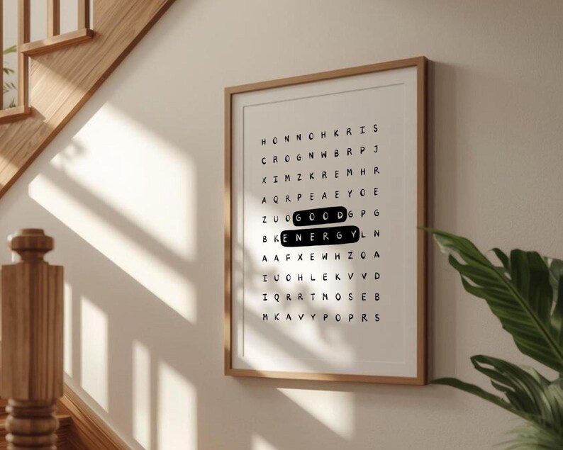 Póster tipográfico inspirador con sopa de letras de buena energía: Arte mural motivacional para la oficina (Descarga digital) imagen 3