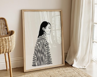 Minimal Woman Line Art Print,  Black and White Abstract Female Wall Art, Modern Boho Illustration Poster, Scandinavian Home Decor