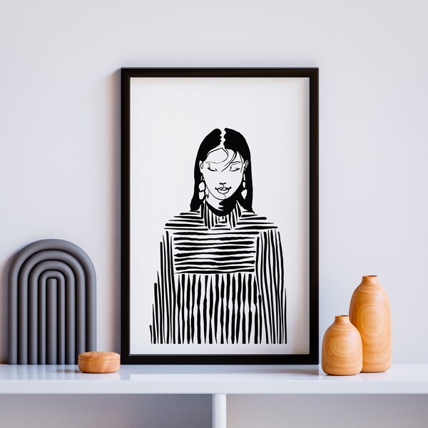 Dreamer Woman Line Art Print Lady Female Abstract Patterned Simple Modern Printable Digital Download Black White Minimalist Gallery Wall