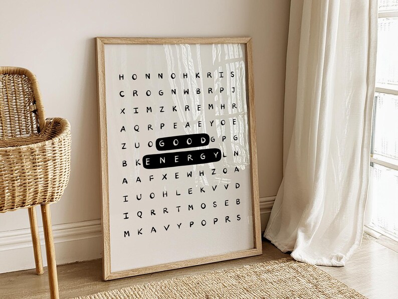 Póster tipográfico inspirador con sopa de letras de buena energía: Arte mural motivacional para la oficina (Descarga digital) imagen 15