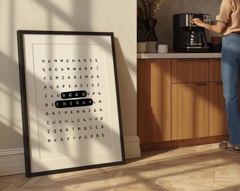 Póster tipográfico inspirador con sopa de letras de buena energía: Arte mural motivacional para la oficina (Descarga digital) imagen 10