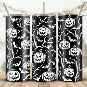 Halloween Design Tumbler Laser SVG 20oz Graverad Tumbler Wrap Sömlös Design Pumpa Jack-o-Lantern Fladdermöss Spindelnät, Spooky Season laser SVG