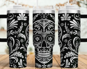 Sugar Skull Tumbler Laser SVG, Engraved Tumbler, 40oz Tumbler Full Wrap For Laser Rotary Machine, Seamless Floral Skull Design,Paisley Skull