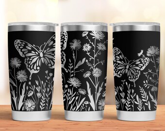 Wildflower Butterfly Tumbler Laser SVG: Floral Engraved Design (Digital Download)
