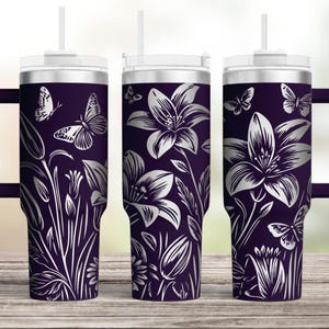 Wildflower Tumbler Laser SVG, Engraved 40oz Tumbler Full Wrap, Lilies flowers and Butterflies, Seamless Floral Design, digital download