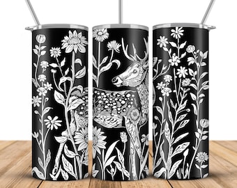 Deer Tumbler Laser SVG, 20oz Engraved Tumbler Full Wrap For Laser Rotary Machine, Seamless Deer and flowers Design, digital download