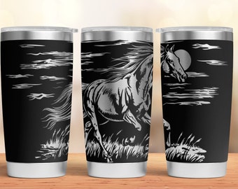Láser de vaso de caballo SVG, vaso grabado, envoltura completa de vaso de 20 oz para máquina rotativa láser, diseño de caballo sin costuras, descarga digital