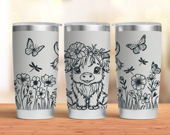 Baby Highland Cow and Wildflowers Tumbler Laser SVG, Engraved Tumbler, 20oz Tumbler Wrap For Laser Rotary Machine, Seamless Floral Design
