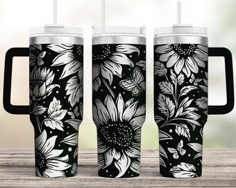 Vaso de girasoles con grabado láser SVG, vaso grabado, vaso de 40 oz con envoltura completa, SVG floral con grabado láser, diseño floral sin costuras, estampado floral