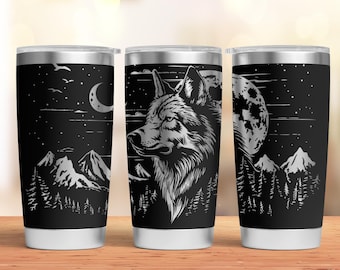 Wolf Tumbler Laser SVG, Laser Engraved Tumbler, 20oz Tumbler Full Wrap, Seamless Wolf and Mountain Landscape Design, digital download
