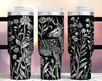 Deer Tumbler Laser SVG, 40oz Engraved Tumbler Full Wrap Laser Rotary Machine, Floral Seamless Deer wrap, Wildflowers, digital download