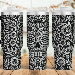Vaso de calavera de azúcar con grabado láser SVG, vaso de 40 oz con envoltura completa, máquina rotativa láser, diseño de calavera floral sin costuras, calavera del Día de Muertos