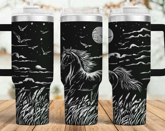 Vaso con diseño de caballo grabado con láser en formato SVG, vaso de 40 oz con envoltura completa para máquina láser rotativa, diseño de caballo sin costuras, descarga digital.