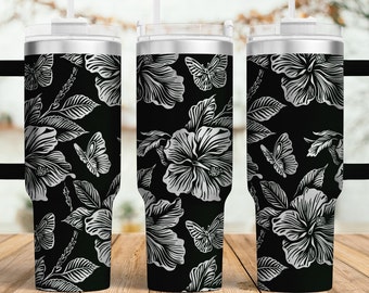 Hibiscus and Butterflies Tumbler Laser SVG, Engraved Tumbler, Tropic flowers, 40oz Tumbler Wrap, Seamless Floral Design, Hawaiian flowers