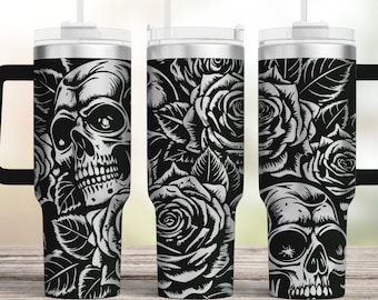 Gothic Skull Tumbler Laser SVG, Engraved Tumbler, 40oz Tumbler Full Wrap, Seamless Skull and Roses Design, Halloween wrap design
