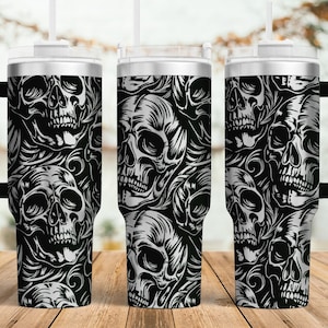 Gotisk dödskalleglas Laser SVG, Graverad glas, 40oz glas Full Wrap för laserroterande maskin, Sömlös dödskalledesign, Halloween-wrap