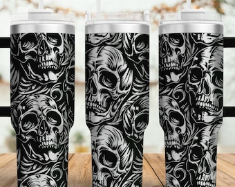 Gothic Skull Tumbler Laser SVG, Engraved Tumbler, 40oz Tumbler Full Wrap For Laser Rotary Machine, Seamless Skull Design, Halloween wrap