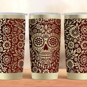 Vaso con calavera de azúcar grabado en láser SVG de 20 oz, envoltura completa para máquina rotativa láser, diseño de calavera floral sin costuras, Día de los Muertos mexicano