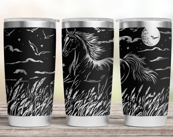 Vaso de caballo SVG láser, vaso grabado, vaso de 20 oz con envoltura completa para máquina rotativa láser, diseño de caballo sin costuras, descarga digital