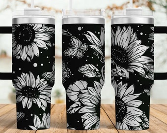 Vaso térmico Girasol Mariposa SVG láser: Envoltura floral grabada de 40 oz (Descarga digital)