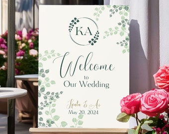 DIY Wedding Welcome Sign Template, Printable Sign, Canva Editable, Natural and Elegant Wedding, Greenery and Monogram