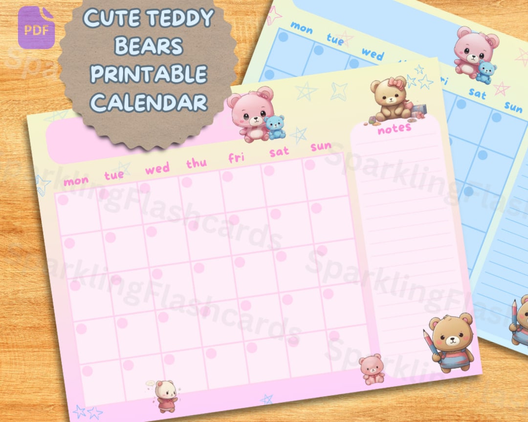 CUTE TEDDY Bear CALENDAR. Printable Undated Calendar With Kawaii Teddy