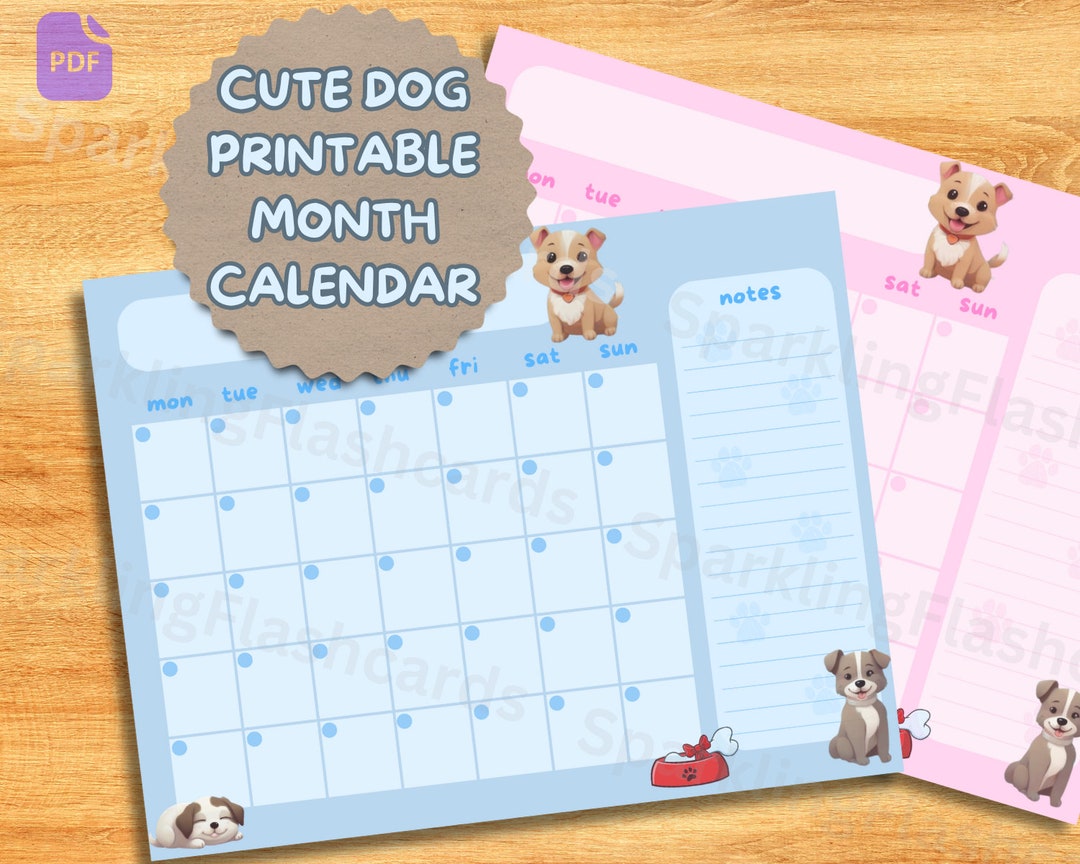 CUTE DOGS CALENDAR. Printable Undated Calendar With Kawaii Doggy Theme