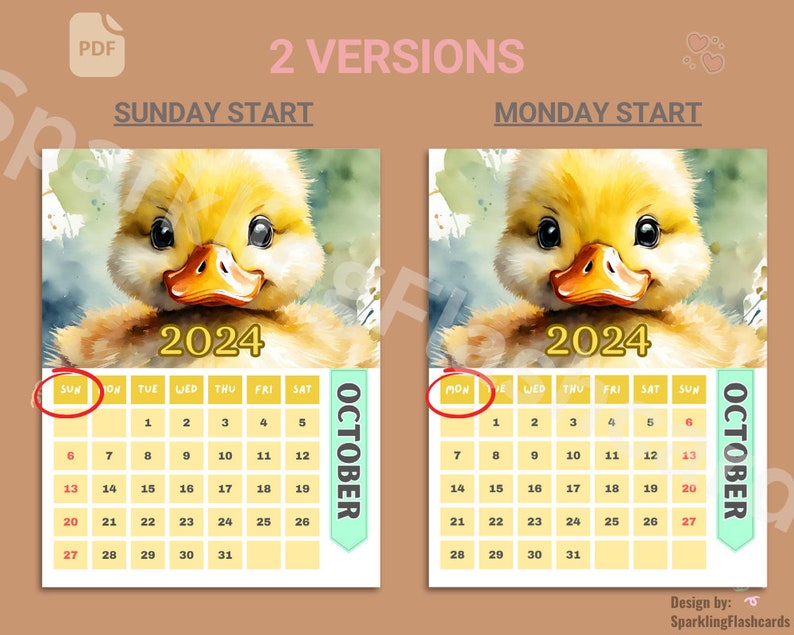 CALENDRIER MIGNON 2024 avec des ANIMAUX au design aquarelle coloré. PDF