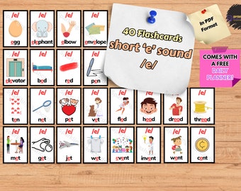 40 PHONICS FLASHCARDS of the Short 'e' Ipa /e/ Sound. For homeschooling ALPHABET learning of kids and preschoolers. Printable Digital.
