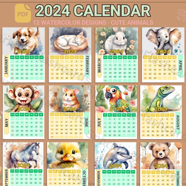 CUTE CALENDAR 2024 with ANIMALS in Colorful Watercolor design. Printable pdf. Homeschooling Display for Kids and Toddlers. Free flashcards.